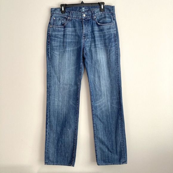 7 For All Mankind Austyn Jeans Mens Size 33 x 33 Medium Wash Blue Denim Pockets - Picture 1 of 12
